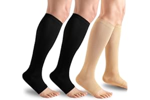 PODAFU 3 Pack Open Toe Compression Socks for Men & Women - 15-20 mmhg Knee High Stockings for Circulation Support