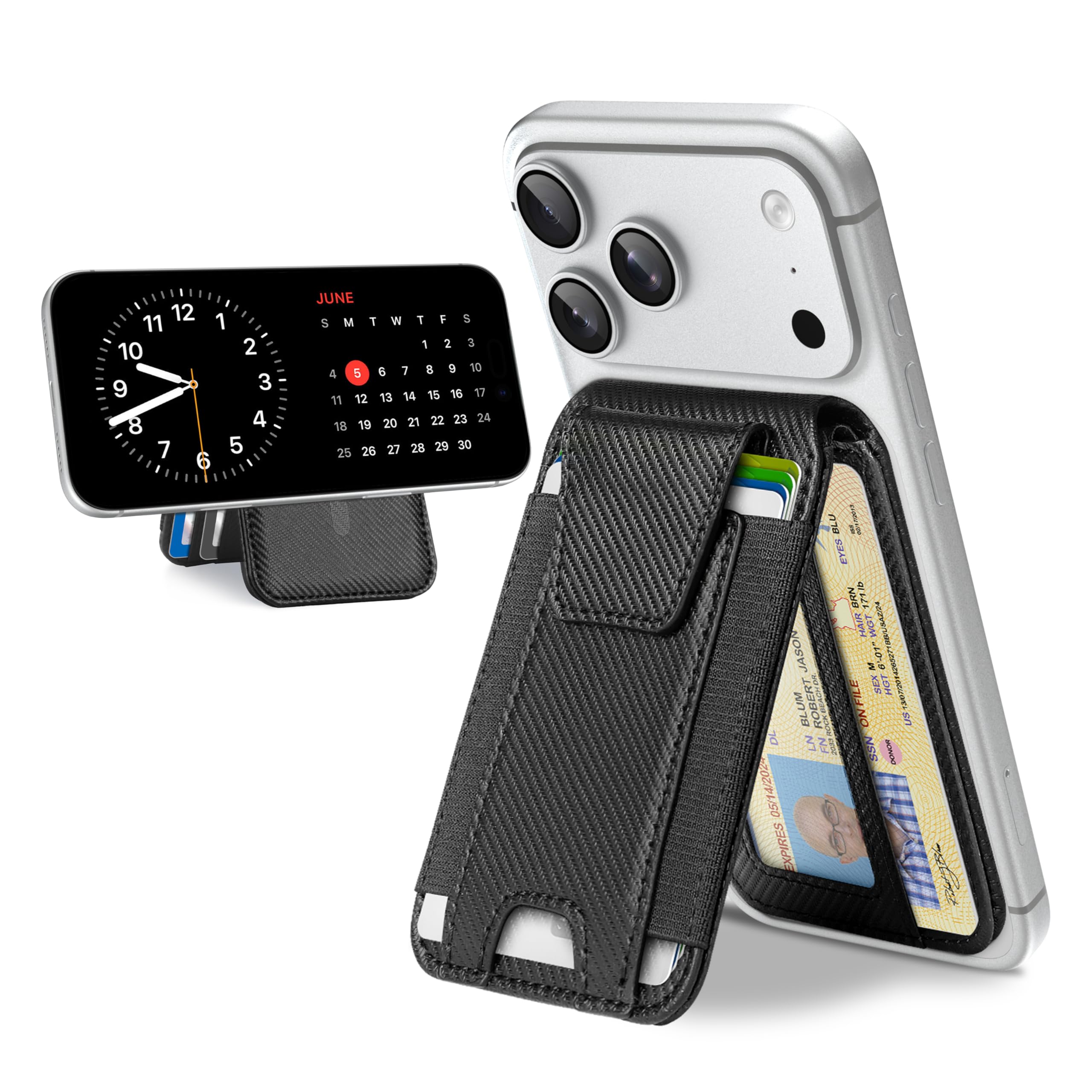 TopMade for MagSafe Wallet with Stand, Strongest Magnetic Wallet for iPhone 17/16/15/14/13/12 Series, Magnetic card holder with Adjustable Stand, 9 Cards Holder, RFID Blocking, Black Carbon Fiber