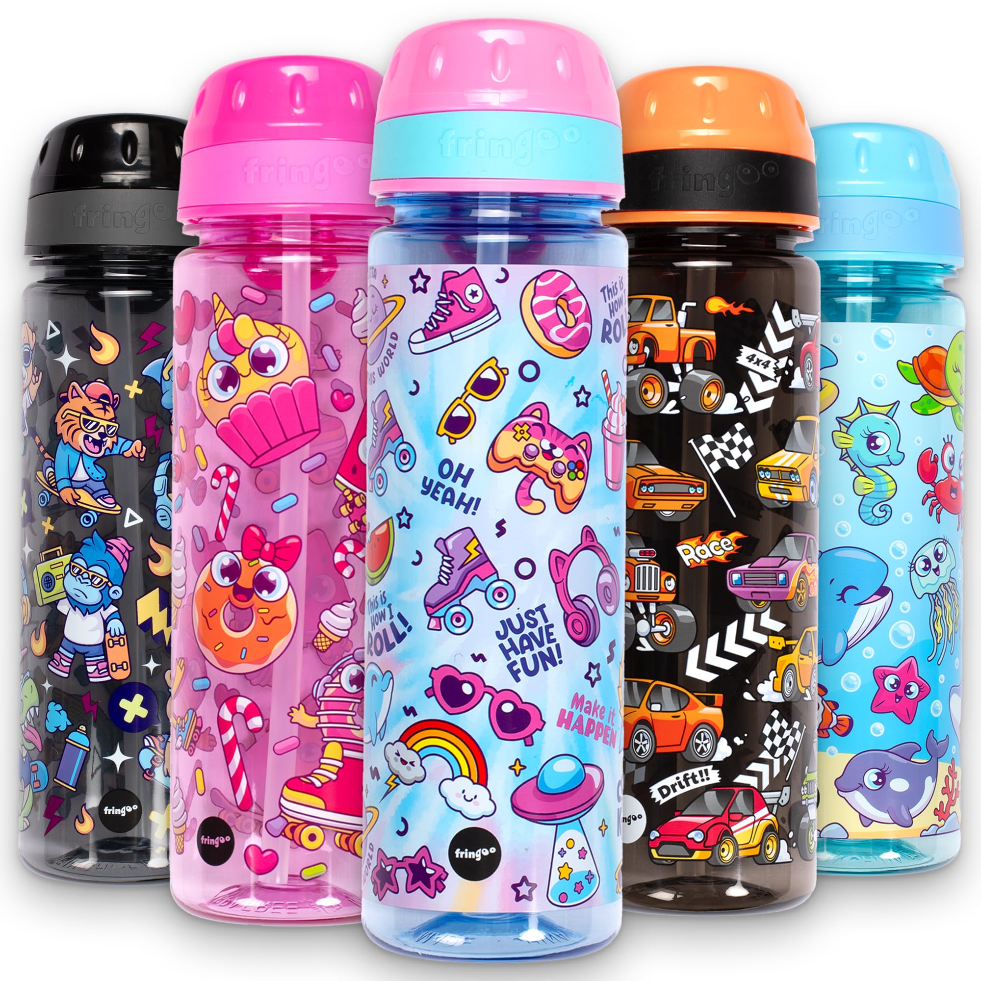 Fringoo Kids School Water Bottle - 650ml Straw Bottle with Carry Handle, Very Durable & 100% Leakproof, BPA-Free (Girls Gang)