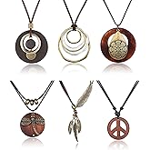 SAILIMUE 6Pcs Long Pendant Necklaces for Women Boho Vintage Wood Fall Sweater Necklaces Set Statement Feather Dragonfly Peace Sign Y Necklace Hippie Handmade Fashion Jewelry Accessories