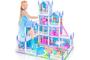 AmiDear Dollhouse with 4-Story 11 Rooms, Dream Gift Princess Doll House Playset with Furniture, Blue Toddler Toy House with Pool Slide for 3 4 5 6 7 8 9 10 Year Old Girls Kids