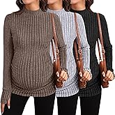 Sweetyweee 3 Pack Women's Maternity Shirts Mock Turtleneck Long Sleeve Ribbed Pregnancy Tops with Thumb Hole Mama Clothes