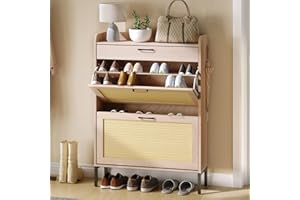 Airynee Rattan Shoe Storage Cabinet with 2 Flip Drawers and 1 Drawer, Narrow Freestanding Shoe Cabinet for Entryway, Slim Hidden Shoe Organizer Cabinet with Metal Legs for Hallway Living Room, Bedroom