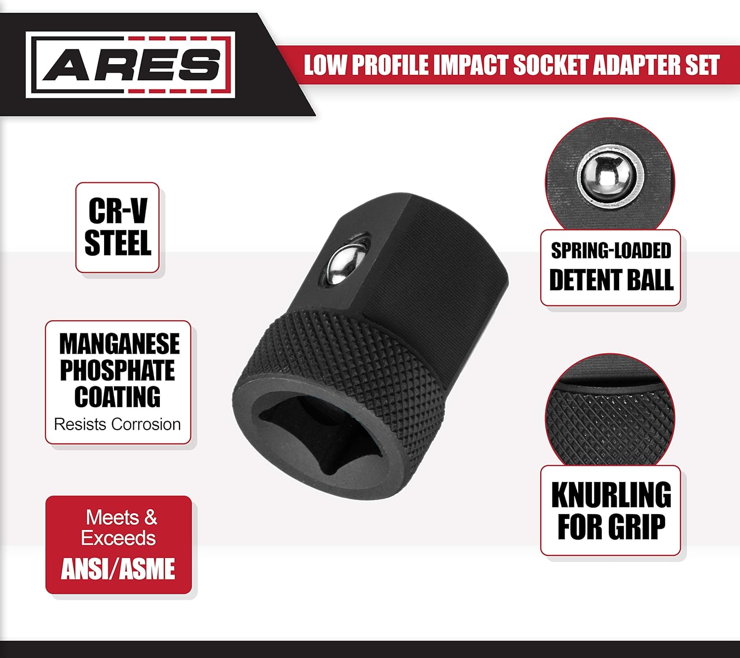 ARES 70198 - Low Profile Impact Socket Adapter Set - Impact-Rated Heat-Treated Chrome Vanadium Steel Features Knurling For Enhanced Grip: Automotive