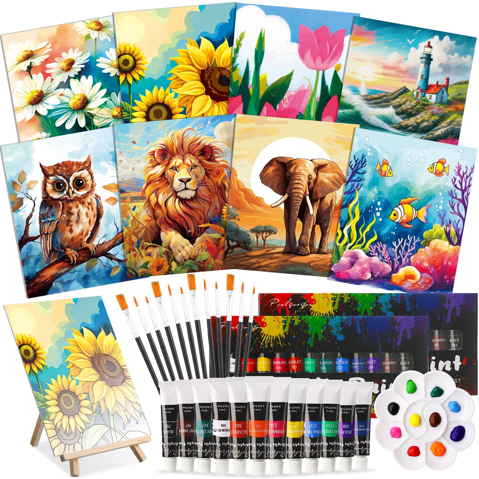 Photo 1 of Cholemy 36 Pcs Paint and Sip Kit for Adults 8''x10'' Pre Drawn Canvas for Painting DIY Afro Acrylic Painting Kit Wood Easel Brushes Date Night Bulk for Christmas Party Gifts(Plants Animals)