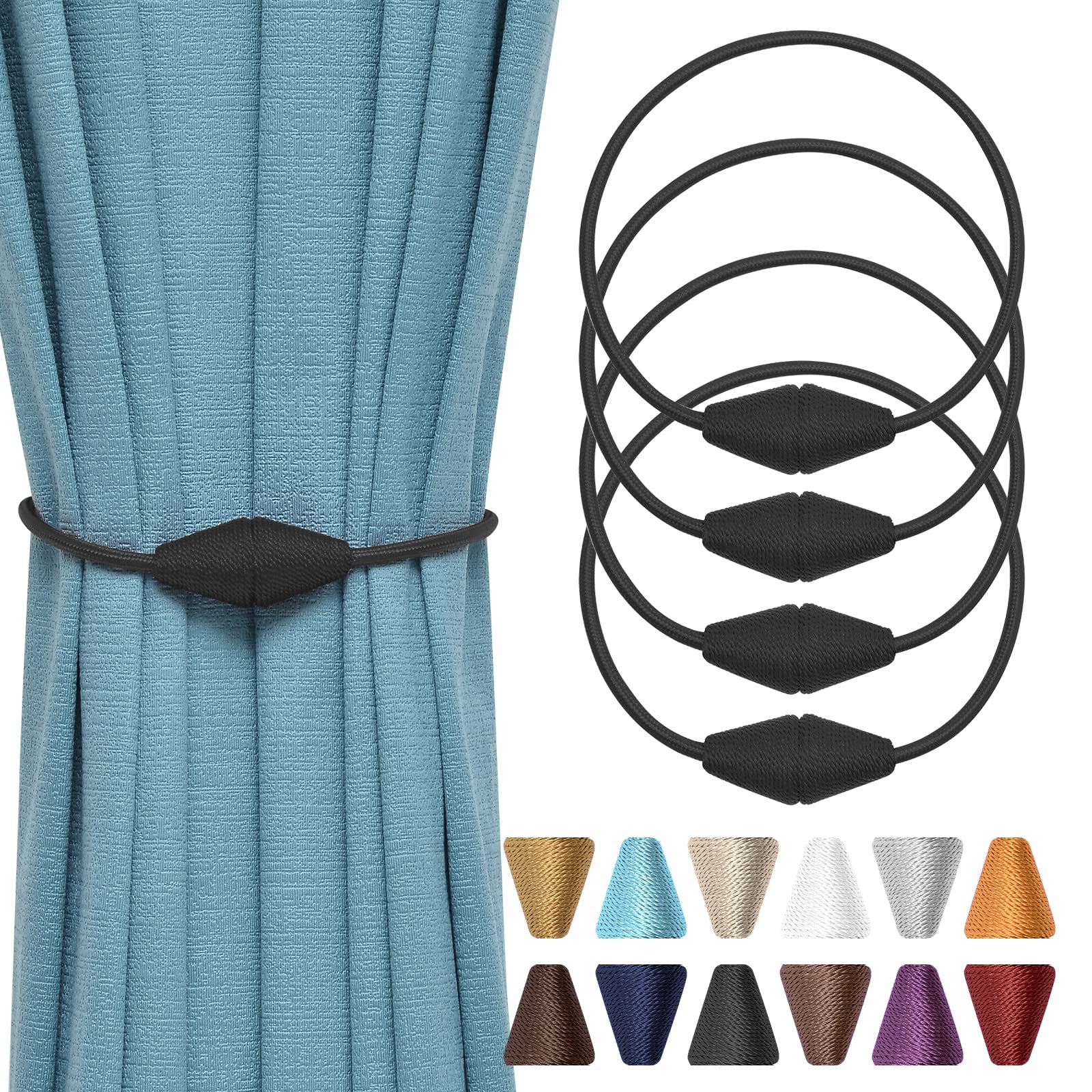 Pretty Jolly 4 Pack Upgrade Magnetic Curtain Tiebacks Handmade Weave Rope Curtain Holdbacks Convenient Decorative Cone Curtain Drape Tie Backs for Home & Office Window Drapery (Black)
