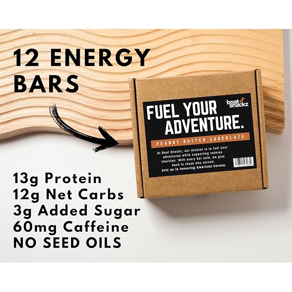 BOAT SNACKZ – PEANUT BUTTER CHOCOLATE, ENERGY BARS (12 PACK) 13G PROTEIN, 3G ADDED SUGAR, 12G NET CARBS, 60MG CAFFEINE, NO SEED OILS (55G BARS) MADE IN USA – SUPPORTS VETERAN CHARITIES