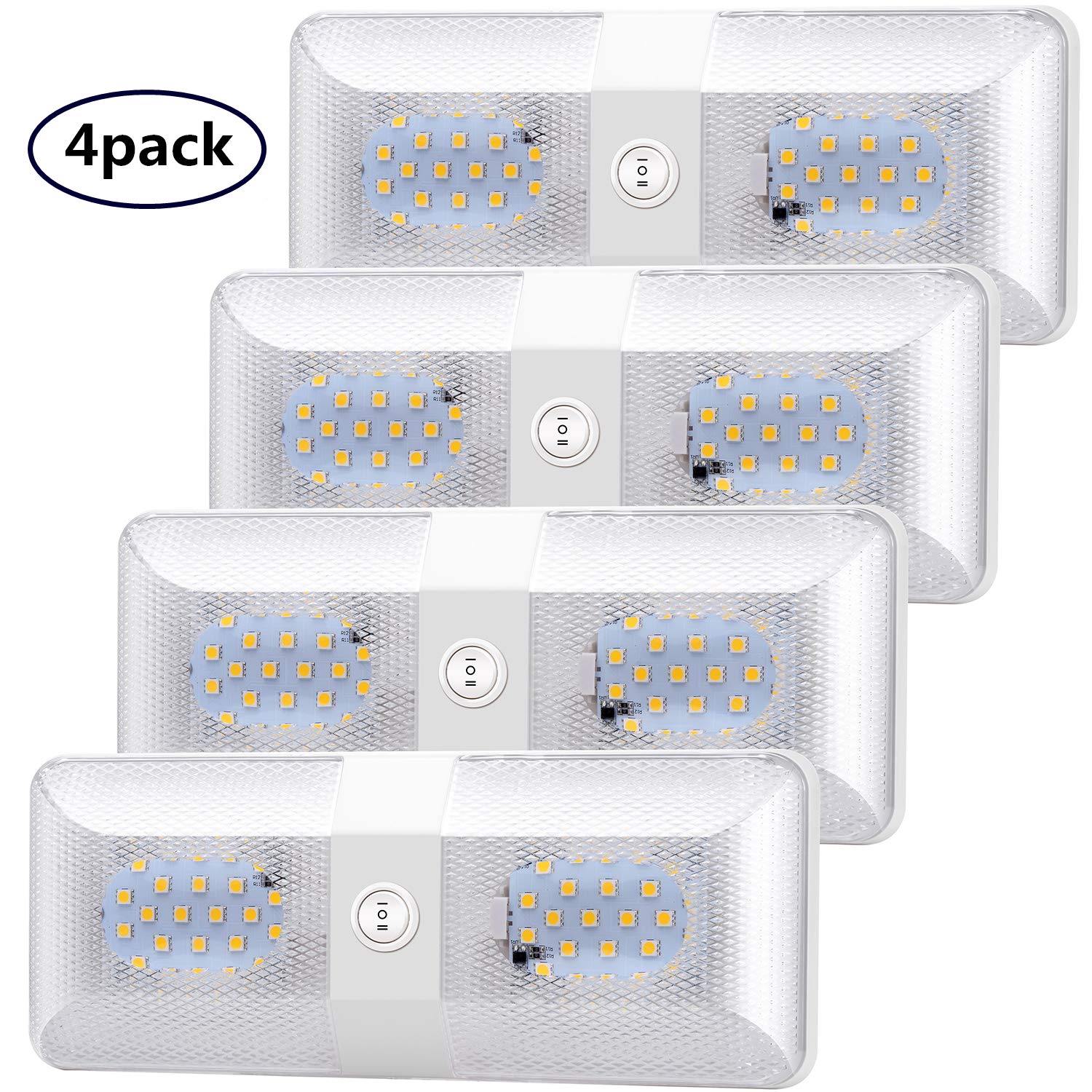 SusicitBlueFire 4 Pack Upgraded Super Bright DC 12V Led RV Ceiling Double Dome Light RV Interior Lighting with ON/Off Switch for Trailer Camper Car RV Boat (Natural White)