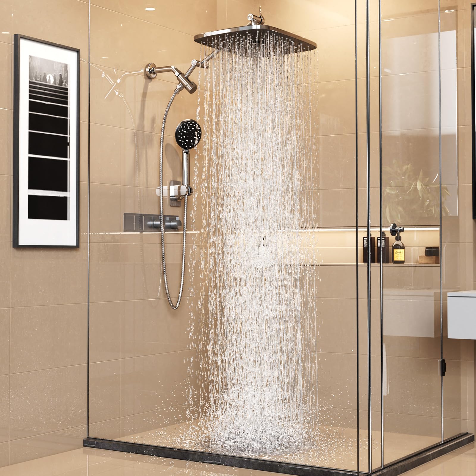 Veken 14" Wide Rain Shower Head with Handheld, High Pressure Handheld Shower Heads with Multi Spray Modes, Rainfall Combo with Metal Extension Arm,Detachable Dual Shower, Extra Long Hose,Silver Chrome Image