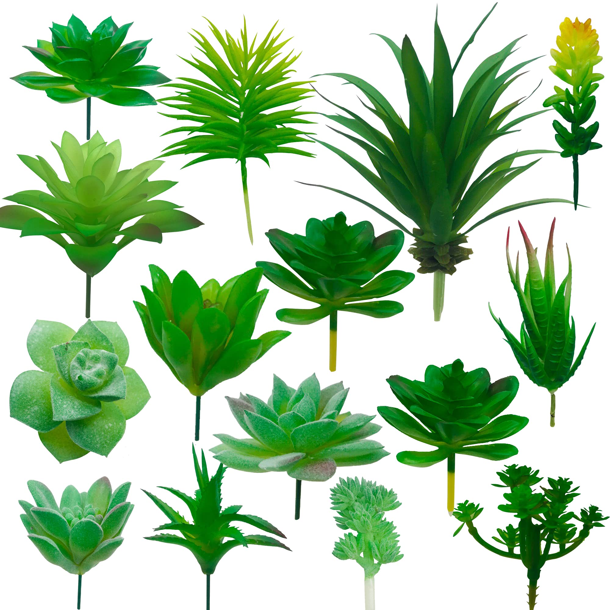 Cayway 14 PCS Artificial Succulent Plants, Green Fake Succulent, Unpotted Faux Succulent Assortment in Flocked Green in Different Type for Birthday Home Decor Indoor Wall Garden DIY