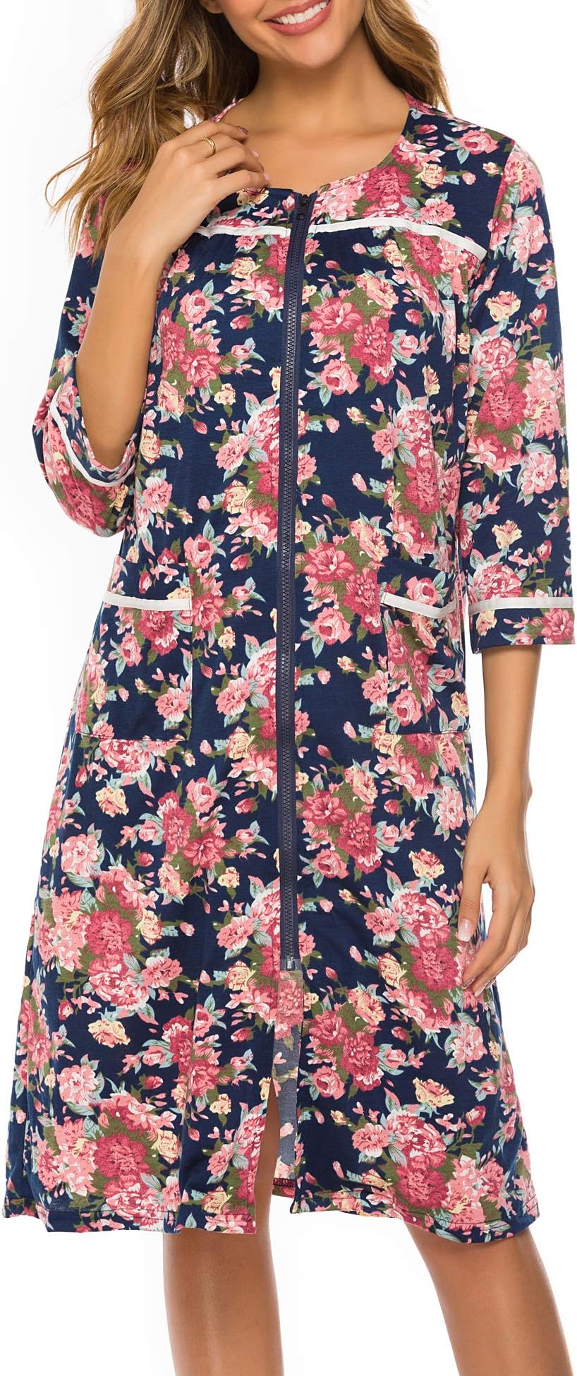 UUANG Women Zipper Robe Half Sleeve Loungewear Knee Length Nightgown Duster Housecoat with Pockets S-XXL
