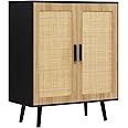 Iwell Storage Cabinet, Rattan Cabinet with 2 Shelves & Doors, Freestanding Floor Storage Cabinets for Living Room, Dining Room, Entryway, Natural+ Black