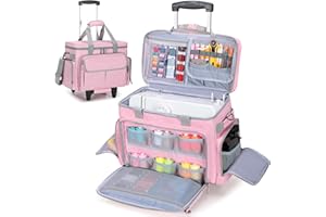 LUXJA Rolling Sewing Machine Case with Multiple Pockets, Sewing Machine Bag with Wheels and Detachable Shoulder Strap (Compatible with Most Standard Sewing Machines), Pink