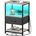 Seventable Nightstand with Charging Station, LED Bedside Table with Adjustable Fabric Drawer, Night Stand with Storage, 3-Tier Bed Side Table, End Table for Bedroom, Living Room, Greige