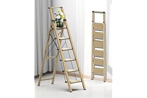 COROCO 6 Step Ladder for 12 Feet High Ceiling, Folding Step Stool with Handgrip and Anti-Slip Wide Pedal, Portable Lightweight Aluminum Stepladder for Kitchen, Home (300 lbs Capacity) - Gold
