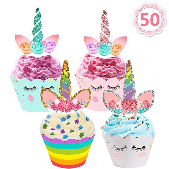 AILUKI 50 Stücke Einhorn Mini Cupcake Toppers und Wrappers Verpackung Beidseitig Handmade für Kinder Party Kuchen Dekoratione