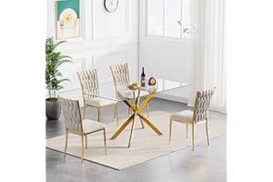 Maotifeys Rectangular Glass Dining Table Set for 4, Glass Kitchen Table Set with 4 Chairs, Glass Dinner Table Set for Dining Room Kitchen, Modern Dining Room Table Set for 4 People