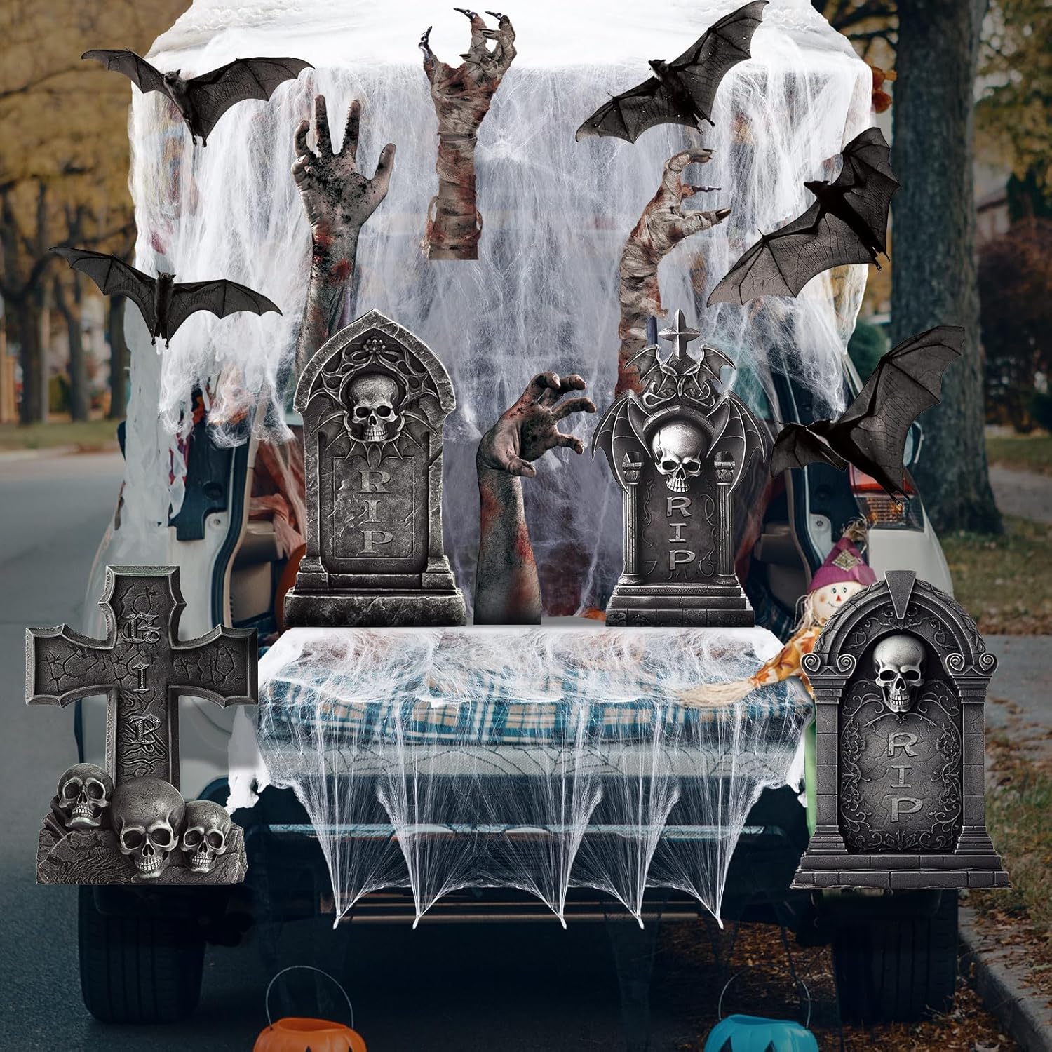 Garage Door Decorations - Liliful 14 Pcs Trunk or Treat Halloween Car Decoration Trunk or Treat Archway Garage Decoration Halloween Decorations Outdoor with Tombstone Severed Hands Bat and Spider Web for Halloween Car Decor