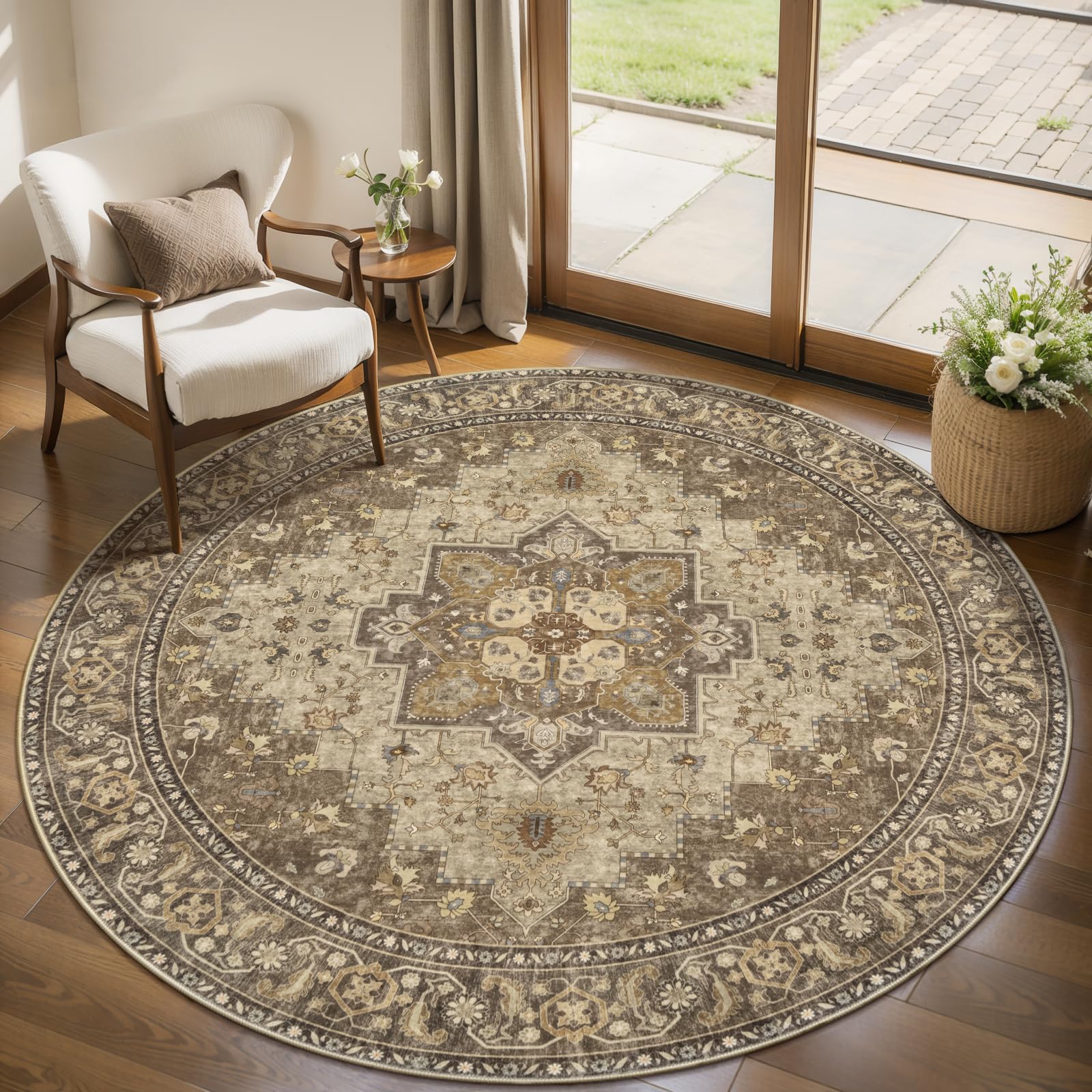 Ciicool Boho 5x5ft Round Area Rug Washable Bedroom Rug Non-Slip Oriental Entryway Throw Rug Low-Pile Indoor Circle Carpet for Dining Room