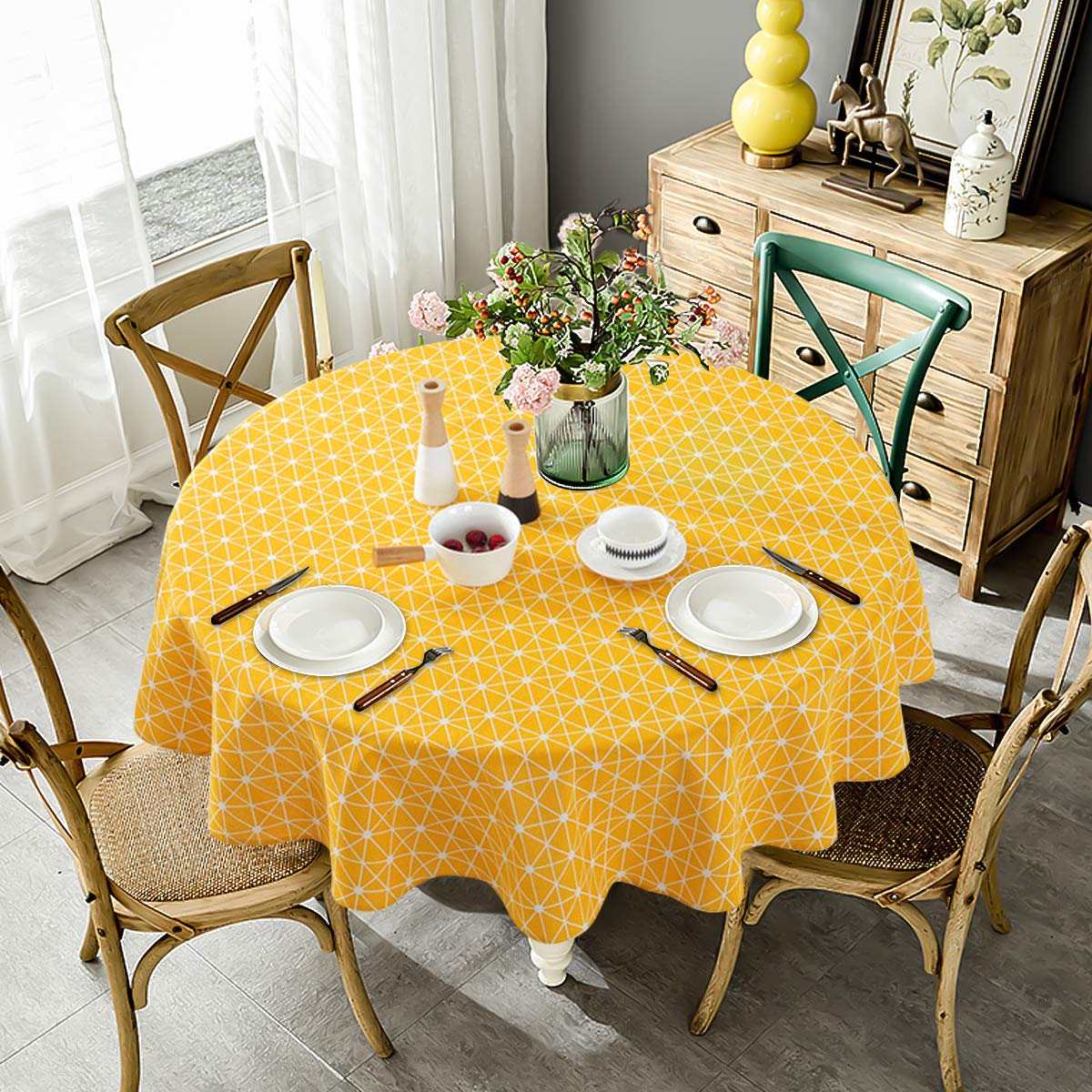 NATUCE Round Tablecloth, 150cm Dust-Proof Cotton Linen Table Cloth Circular Simple Style Table Cover for Buffet, Wedding, Restaurant, Party-Yellow