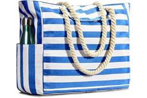 BECOKAN Beach Bags for Women, Pool Swim Bag Beach Bags Waterproof Sandproof Large Stripe Beach Tote with Magnet Button Zipper Closure