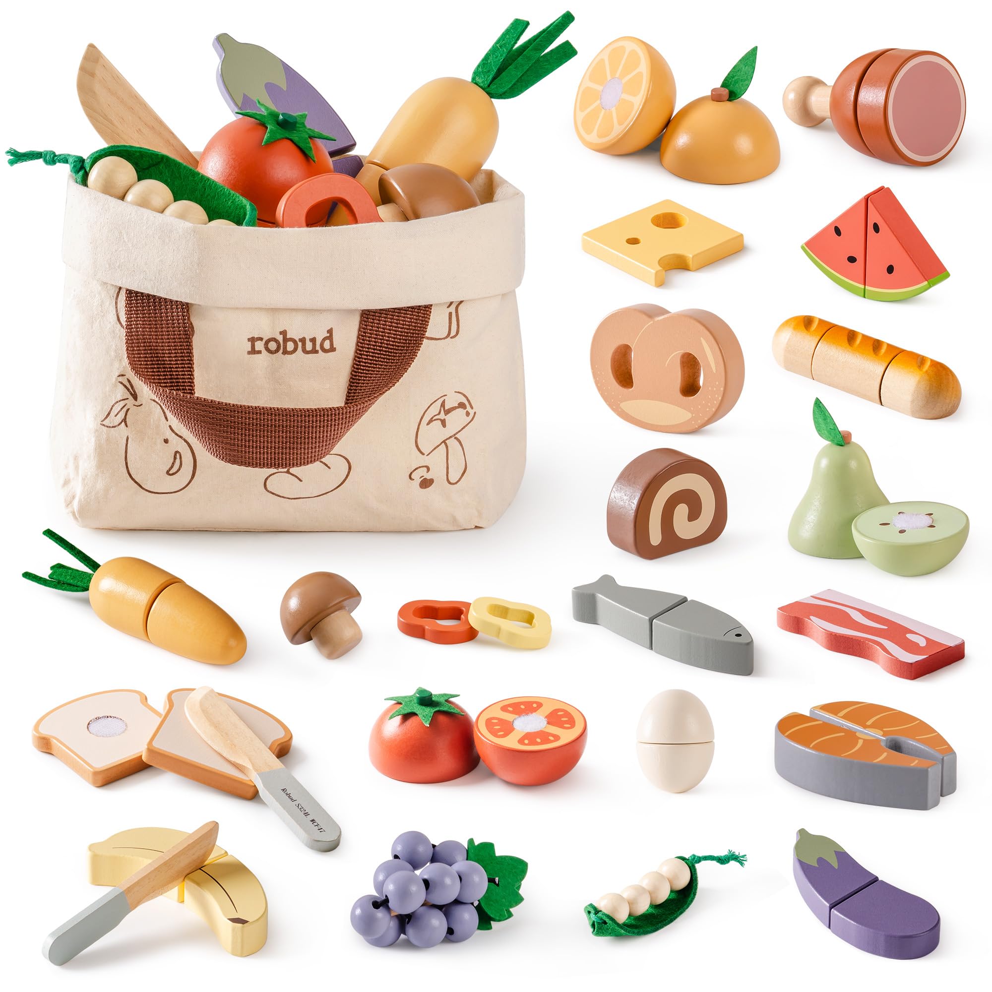 ROBUD Wooden Play Food Set, 4-in-1 Cutting Toy Food for Pretend Kids Play Kitchen Accessories Playset with Storage Bag, Montessori Toys Gifts for 3+ Year Old Girls Boys (4-in-1 Set)