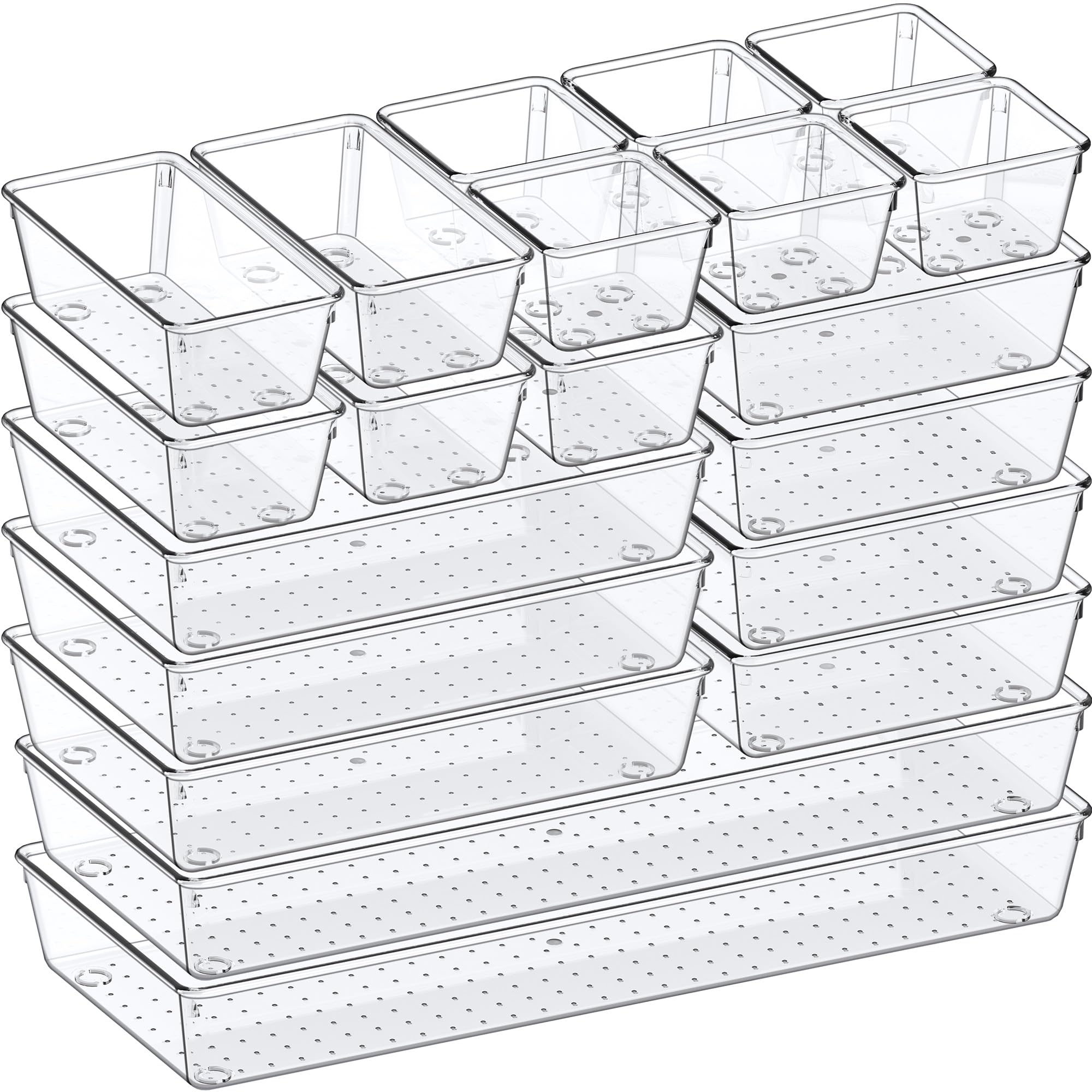 Photo 1 of Criusia Drawer Organizer, 5-Size Versatile Bathroom and Vanity Organizer Trays, 20 Pack Clear Plastic Kitchen Drawer Organizers Set, Storage Bins for Makeup, Bathroom, Jewelries and Office