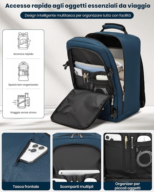 Zaino Ryanair 40x20x25, Zaino da Viaggio e Bagaglio a Mano per Aereo, Zaino Porta PC con Apertura a 180° per Wizz Air e EasyJet (40 x 20 x 25 cm, Marina Militare) — foto 3 di 7