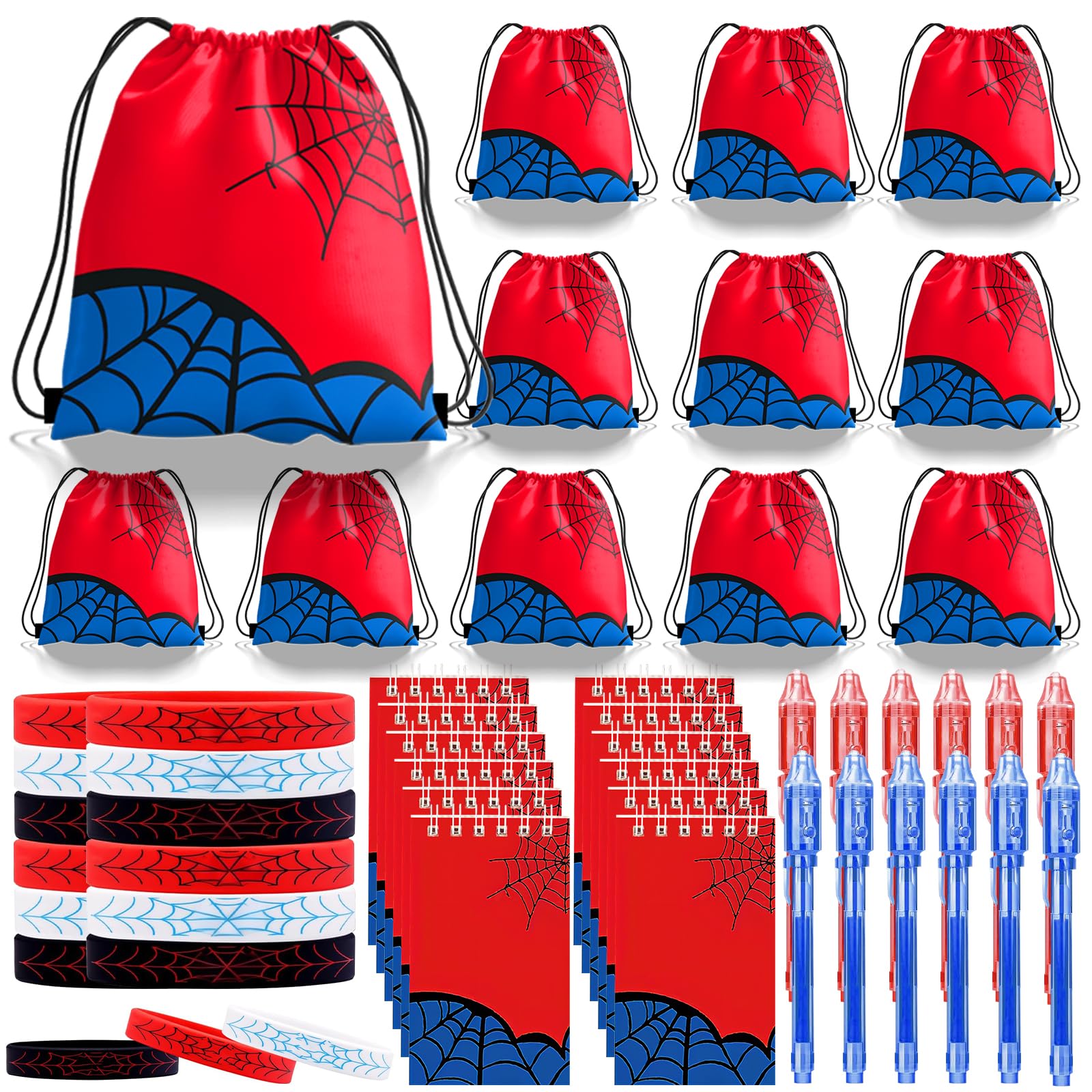 WLBBLQDIE Spider Party Favors, Movie Hero Theme Birthday Party Supplies & Goodie Bags for Kids, Include Drawstring Bags Notebook Silicone Bracelet Highlighter for Gifts Fillers