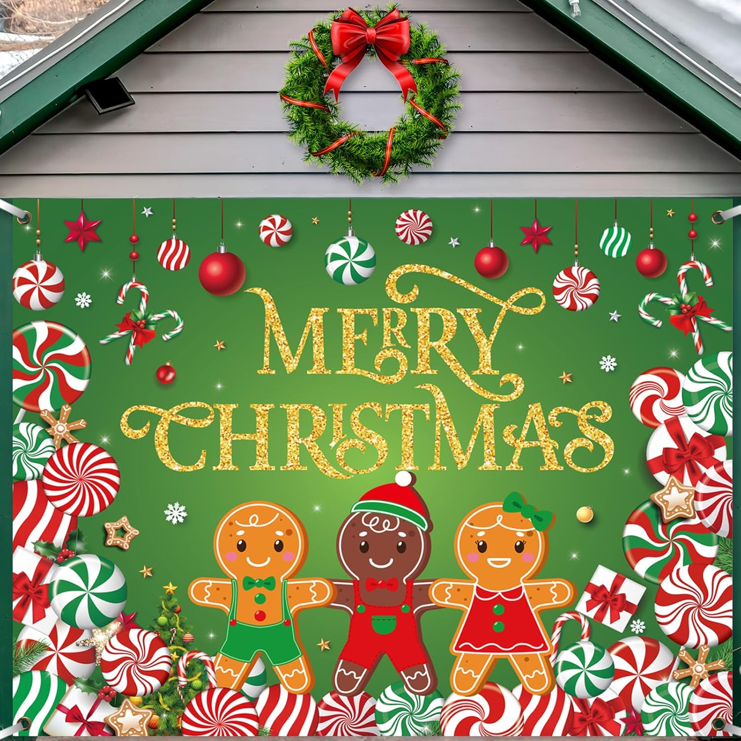 Garage Door Decorations - Christmas Candy Garage Door Decoration Merry Christmas Garage Door Banner Cover Peppermint Candy Cane Gingerbread Man Garage Backdrop for Xmas Eve Holiday Outdoor Wall Decor, 7 x 9 ft