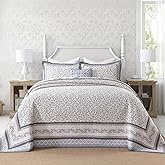 FineStichery Oversized King Bedspreads 128"x120" - 100% Cotton California King Quilt, Vintage Botanical Pattern, Extra Large Lightweight Reversible Quilted Bedspread Coverlet, 3 Pcs, Blue/Brown