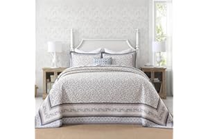 FineStichery Oversized King Bedspreads 120"x120" - 100% Cotton California King Quilt, Vintage Botanical Pattern, Extra Large Lightweight Reversible Quilted Bedspread Coverlet, 3 Pcs, Blue/Brown