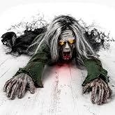 Crawling Zombie Animatronic with Red Light-Up Eyes, Halloween Decor (B) | Sound-Activated Creeping Motion, Moving Arms, Long Gray Hair and Tattered Clothes for Haunted Houses, Porches and Parties