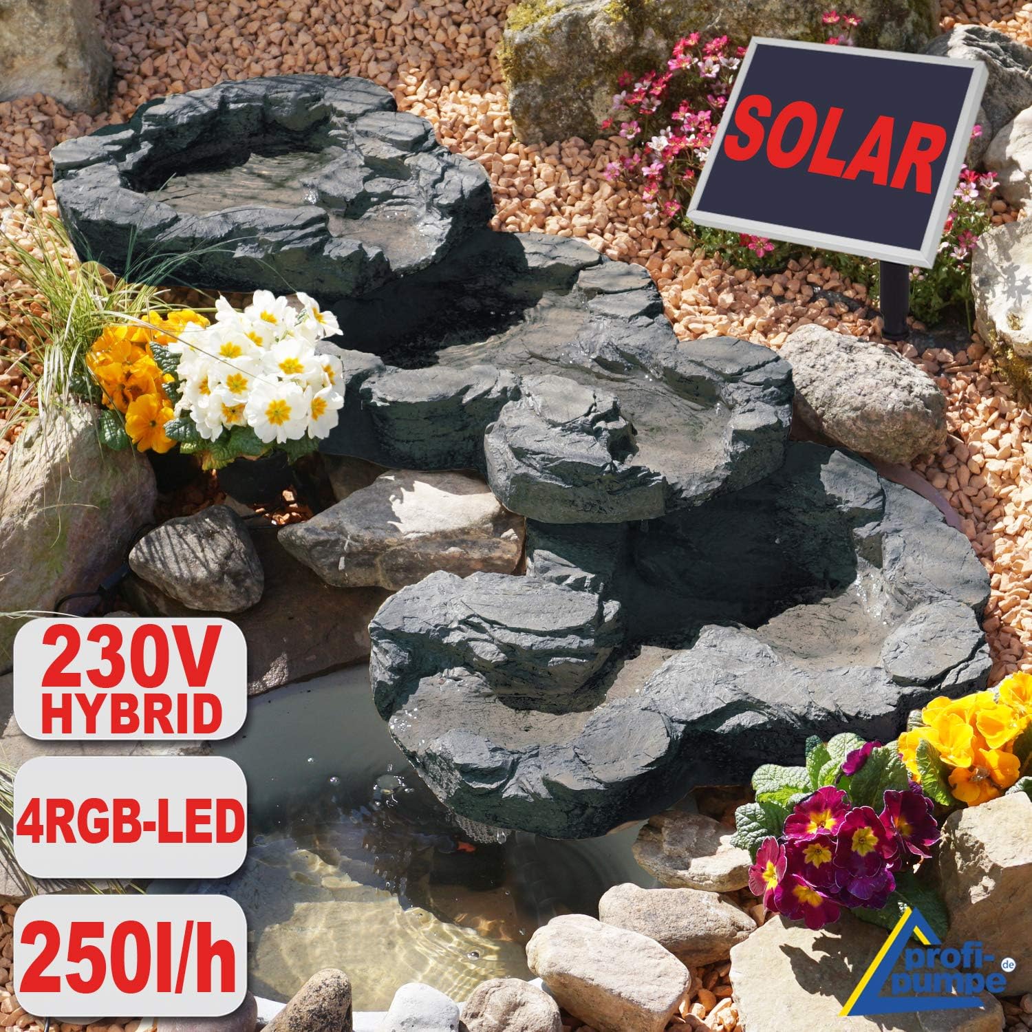 SOLAR WATER FEATURE STREAM WATER FEATURE WITH LED LIGHT 230V STONE DESIGN ORNAMENTAL FOUNTAIN CASCADE WATERFALL OUTDOOR FOUNTAIN FOR GARDEN BALCONY & HOME ENJOY THE LIFE