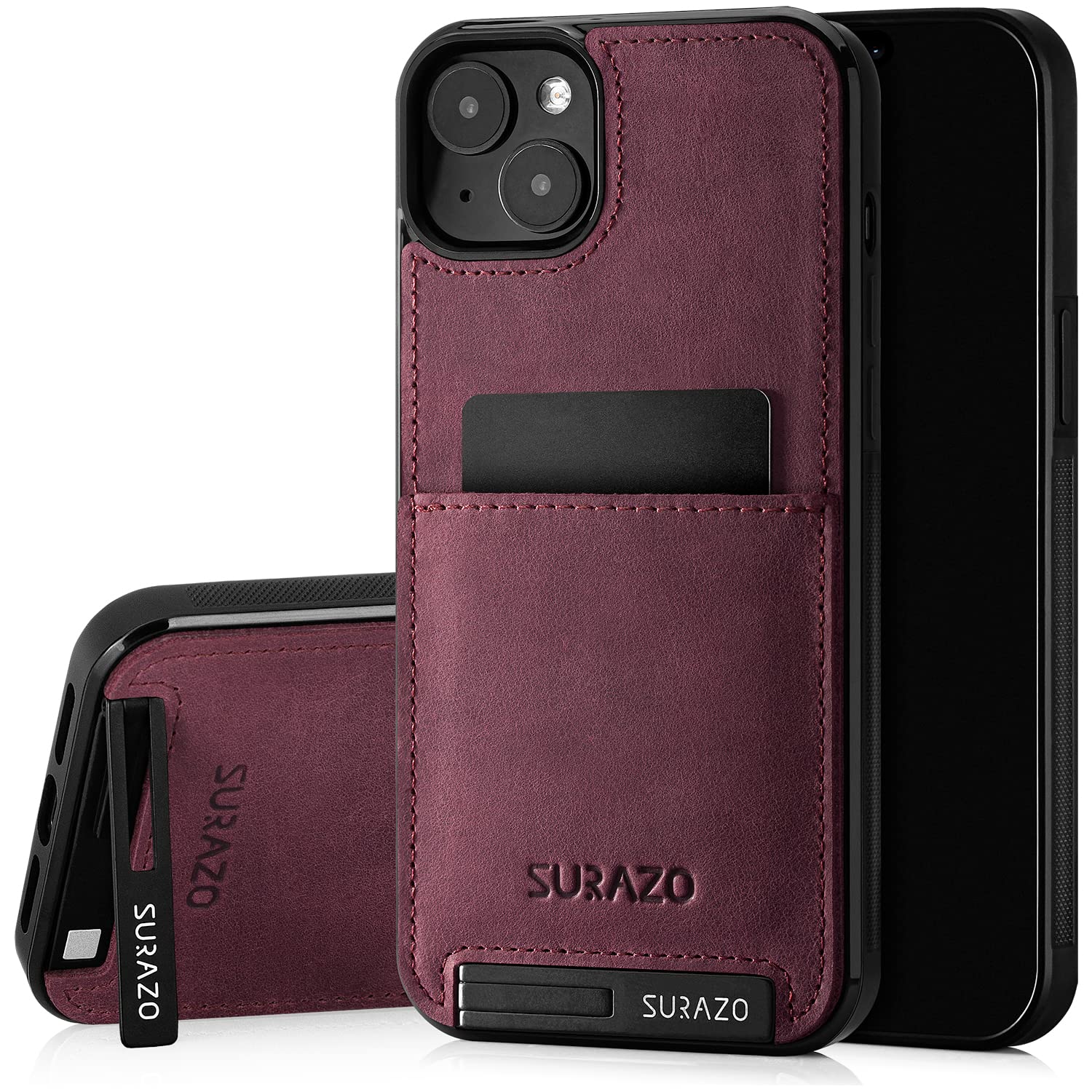 SURAZO Genuine Leather Back Case for Apple iPhone 15 Plus Case - Shockproof Leather Mobile Phone Case Cover with [Card Slot, Stand Function, Keychain] Vintage Slim Bumper Protective Case (Burgundy) — image 1