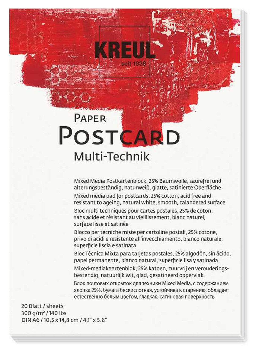 Kreul 69031 Paper Postcard, DIN A6, 300 g/m², 20 Sheets, Acid-Free and Age-Resistant, Natural White, for Mixed Media Fine Art Techniques
