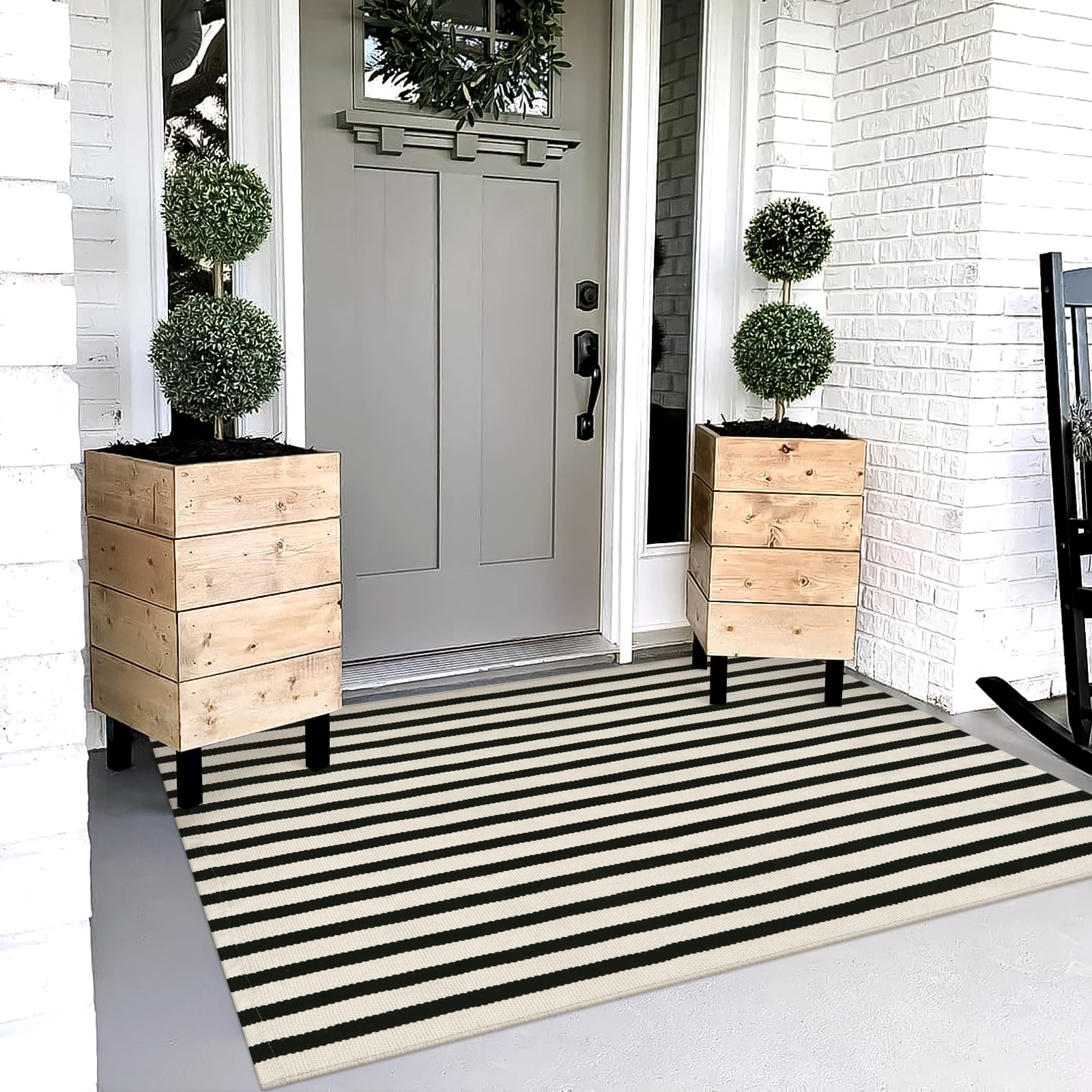 Photo 1 of OJIA Outdoor Rug 3'x5', Fall Front Door Mat Outdoor Entrance Machine Washable Rugs Cotton Hand Woven Striped Entryway Rugs Indoor Door Mat Black and Cream White Area Rug for Porch/Backyard
