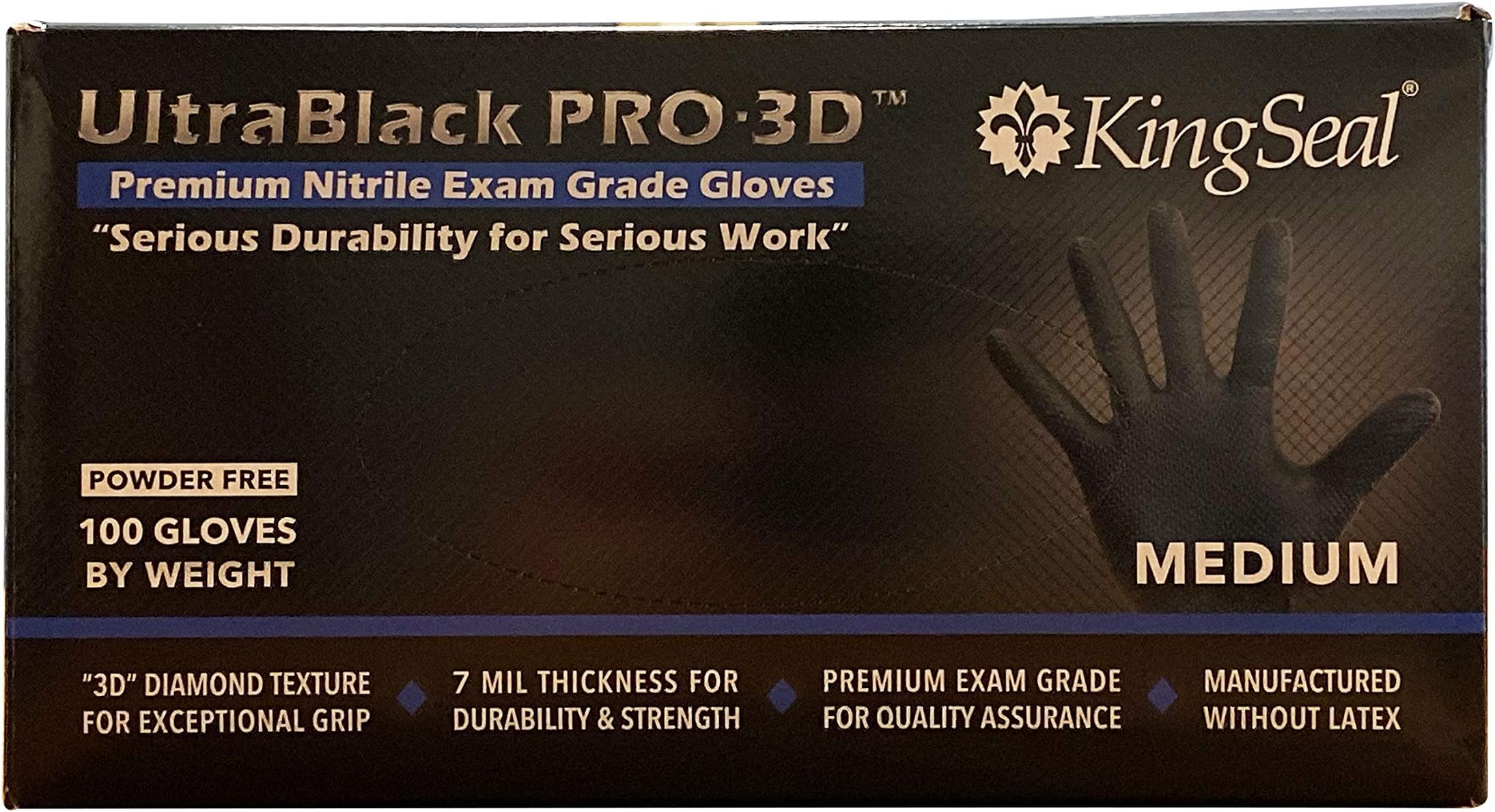 UltraBlack PRO-3D Heavy Duty Nitrile Exam Gloves, Diamond Texture, Powder Free, Latex Free, Size Medium, Black, 7 Mil Thickness - 10 Boxes of 100 gloves (1,000 pcs total)