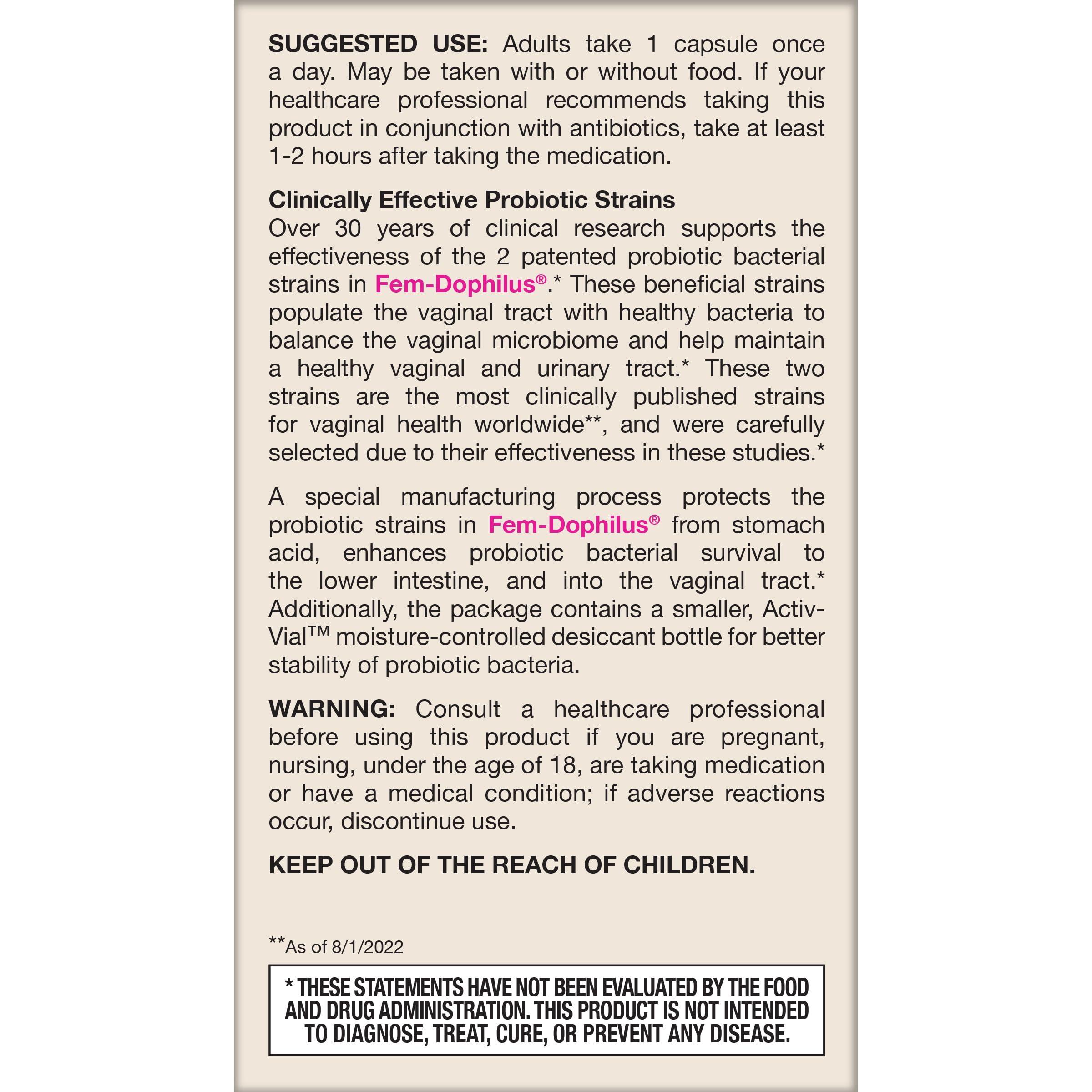 Jarrow Formulas Fem-Dophilus - 1 Billion Organisms Per Serving - 60 Veggie Capsules - Women’s Probiotic - Urinary Tract Health - Up to 60 Servings