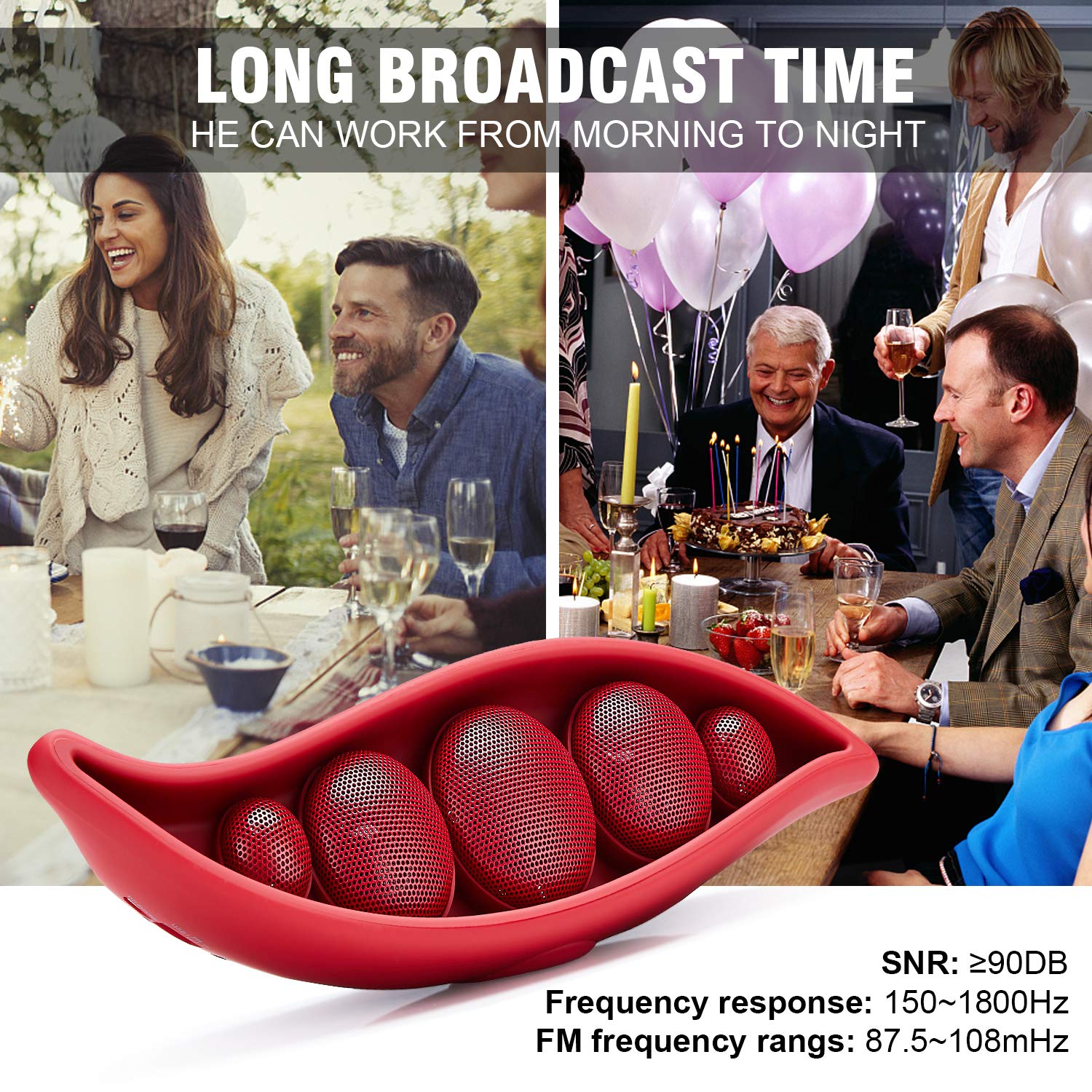 Wireless Bluetooth Speaker with Superior Stereo Sound, Exclusive Pea Appearance, 5-Watts, 24-Hour Playtime, Perfect Wireless Speaker for Home (Red)