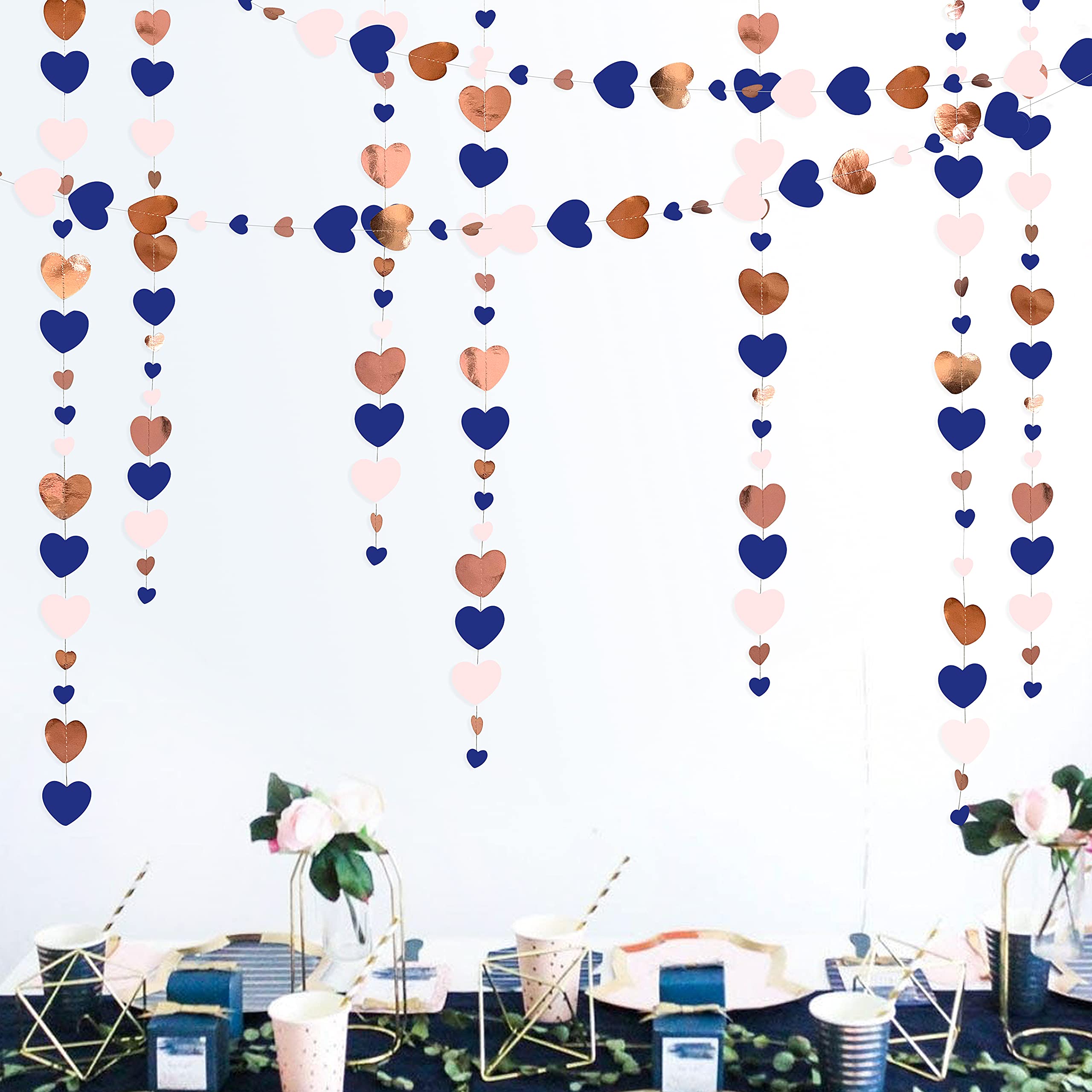 52 Ft Rose Gold Blue and Pink Heart Garland Hanging Paper Streamer Banner for Anniversary Mother's Day Bachelorette Engagement Wedding Baby Bridal Shower Valentine's Day Birthday Party Decorations