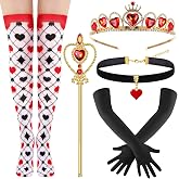 Mepase 5 Pcs Queen Women's Halloween Heart Stockings Gloves Crown Wand | Ruby Crown Scepter, Black Choker Necklace, Long Gloves Over-knee Stockings, Complete Queen Costume Accessories Set
