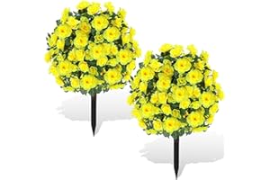 ENVEN 2 Pack Artificial Camellia Topiary Ball Tree Outdoor Plants with Spike, 24" Faux Topiary Ball Bushes UV Resistant Fake Shrubs for Indoor & Garden, Yard, Porch, Patio Decor (Yellow)