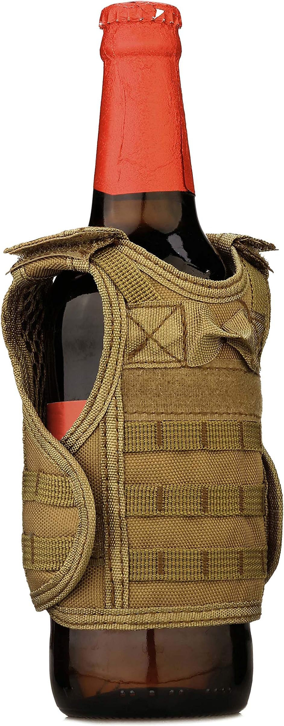 Selighting Bottle Cans Coller Sleeve Adjustable Beverage Holder Mini Tactical Vest for 12oz or 16oz Cans Bottles Decoration (Brown)