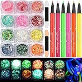 Glow in The Dark Glitter Gel with UV Neon Liquid Eyeliner Pen Set for Body Face Hair Eye, Makeup Kit for Rave Accessories Party Halloween Anime Cosplay Concerts Festival Carnival Face Paint