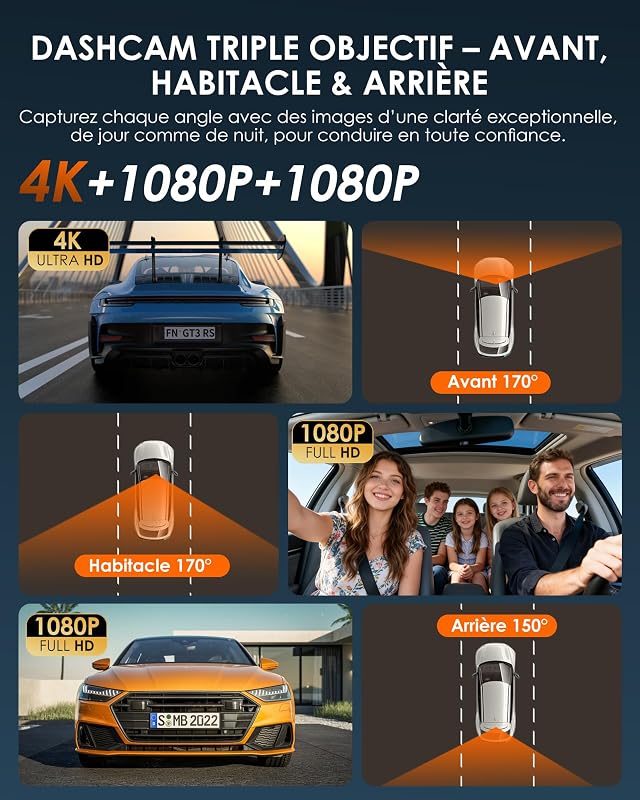 Dashcam Voiture 3 Canaux 4K avec SD 32 G, WiFi 6 Caméra Embarquée