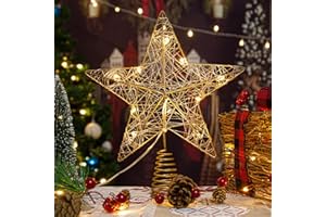 Christmas Star Tree Topper 10 LED Warm Lights 10-Inch Rustic Farmhouse Metal Xmas Treetop Star for Christmas Tree Decorations