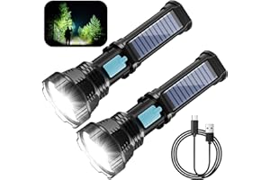 Rumiom Solar/Rechargeable LED Flashlights, Multi Function Flashlight with 2000 mAh Battery, Emergency Strobe Light, Waterproof, Fast USB Charging, Survival Gear and Supplies for Camping, 2 Pack
