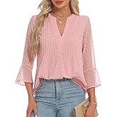 AIMCOO Blouses for Women Dressy Casual 3/4 Sleeve Tops for Women Swiss Dot Double Layered Chiffon Work Tunic Shirts