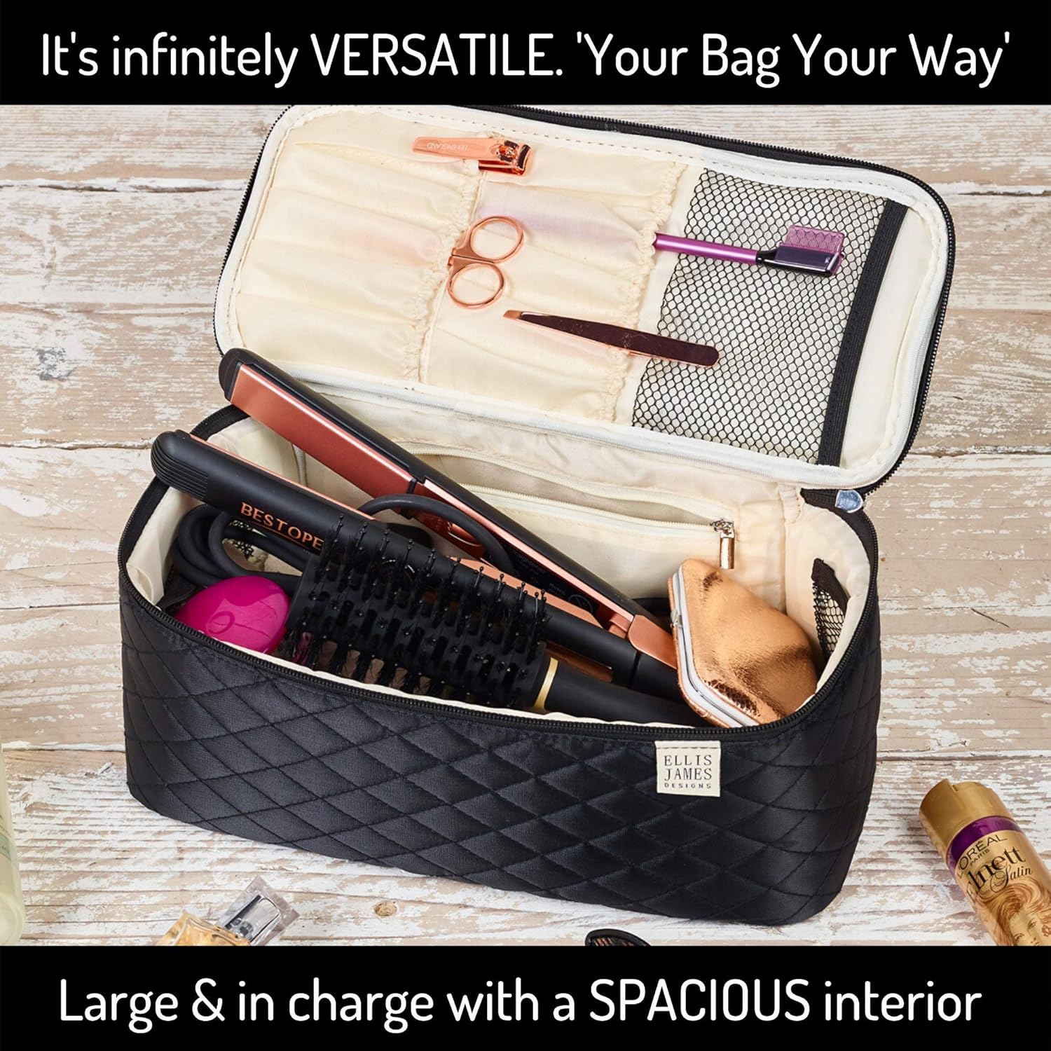 Ellis James Designs Large Travel Makeup Bag Organizer - Cosmetics Train Case Toiletry Bags for Women - Black - With Handle & Make Up Brush Holders - Professional Hair Dryer Cases & Beauty Storage : Beauty
